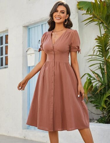 فساتين Zexxxy النسائية كاجوال بأكمام قصيرة/أكمام طويلة وأزرار سفلية ورقبة على شكل V فستان متوسط ​​الطول مع جيوب S-2XL in Kuwait