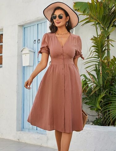 فساتين Zexxxy النسائية كاجوال بأكمام قصيرة/أكمام طويلة وأزرار سفلية ورقبة على شكل V فستان متوسط ​​الطول مع جيوب S-2XL in Kuwait