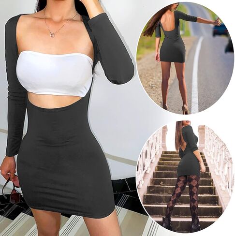 فستان Tylarcer النسائي المثير بدون ظهر وأكمام طويلة ورقبة مربعة ضيقة ومقطعة فستان ضيق للحفلات والنوادي Y2K ملابس الشارع in Kuwait