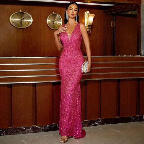 فستان Miss ord نسائي رسمي طويل مزين بالترتر عميق على شكل حرف V للحفلات الراقصة، فستان حورية البحر مثير بدون ظهر in Kuwait