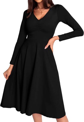 فستان FANDEE نسائي طويل الأكمام ورقبة على شكل حرف V فساتين متوسطة الطول للنساء فساتين الخريف الكاجوال مع جيوب in Kuwait