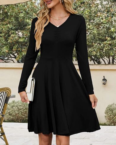 فستان FANDEE نسائي طويل الأكمام ورقبة على شكل حرف V فساتين متوسطة الطول للنساء فساتين الخريف الكاجوال مع جيوب in Kuwait