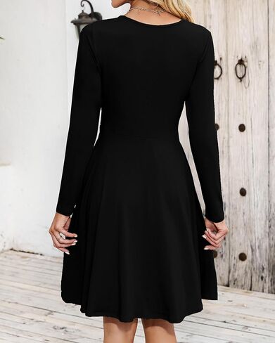 فستان FANDEE نسائي طويل الأكمام ورقبة على شكل حرف V فساتين متوسطة الطول للنساء فساتين الخريف الكاجوال مع جيوب in Kuwait