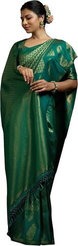 Vardha الساري الهندي للنساء الخام Banarasi Kanjeevaram الحرير ساري | ساري زفاف ديوالي الهندي وبلوزة غير مخيطة in Kuwait