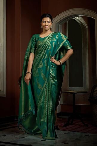 Vardha الساري الهندي للنساء الخام Banarasi Kanjeevaram الحرير ساري | ساري زفاف ديوالي الهندي وبلوزة غير مخيطة in Kuwait