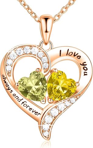 قلادة على شكل قلب من الذهب الوردي عيار 18 قيراط، مجوهرات قلادة جوهرة الميلاد للنساء مع حجري ميلاد، هدايا مخصصة للنساء الأم والزوجة والجدة وصديقة الأخت، أحبك دائمًا وإلى الأبد، زركونيا مكعب 5A، قلادة من الفضة الاسترليني في ذكرى عيد ميلاد الأم in Kuwait