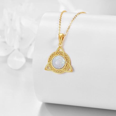 DOVRAN 14K الصلبة الذهب الأبيض العقيق قلادة للنساء مثلث عقدة سلتيك قلادة قلادة الثالوث عقدة أوبال مجوهرات لفتاة زوجة لها 16 "-18" in Saudi Arabia