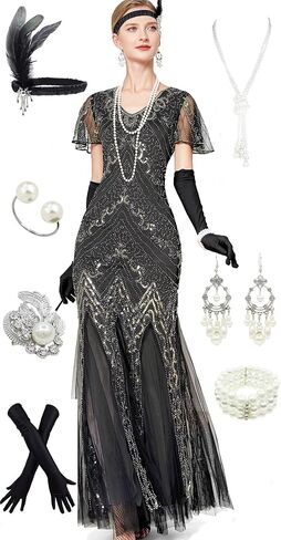 1920s Short Sleeve Sequin Gatsby Maxi Long Evening Prom Mermaid Hem Cocktail Dress w/Accessories Set in Saudi Arabia