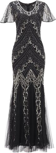 1920s Short Sleeve Sequin Gatsby Maxi Long Evening Prom Mermaid Hem Cocktail Dress w/Accessories Set in Saudi Arabia
