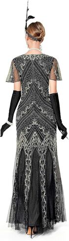 1920s Short Sleeve Sequin Gatsby Maxi Long Evening Prom Mermaid Hem Cocktail Dress w/Accessories Set in Saudi Arabia
