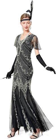 1920s Short Sleeve Sequin Gatsby Maxi Long Evening Prom Mermaid Hem Cocktail Dress w/Accessories Set in Saudi Arabia