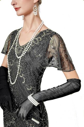 1920s Short Sleeve Sequin Gatsby Maxi Long Evening Prom Mermaid Hem Cocktail Dress w/Accessories Set in Saudi Arabia