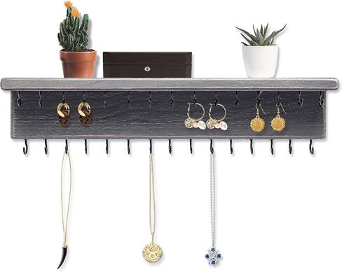 SANY DAYO HOME Wall Mounted Jewelry Organizer Rustic Wood Hanging Jewelry Holder with 32 Necklace Holders, Shelf, Earring Metal Mesh for Girl and Women (17 x 10 x 4 in, Brown) in Kuwait