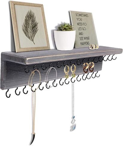 SANY DAYO HOME Wall Mounted Jewelry Organizer Rustic Wood Hanging Jewelry Holder with 32 Necklace Holders, Shelf, Earring Metal Mesh for Girl and Women (17 x 10 x 4 in, Brown) in Kuwait