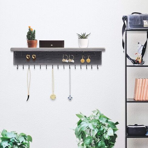 SANY DAYO HOME Wall Mounted Jewelry Organizer Rustic Wood Hanging Jewelry Holder with 32 Necklace Holders, Shelf, Earring Metal Mesh for Girl and Women (17 x 10 x 4 in, Brown) in Kuwait