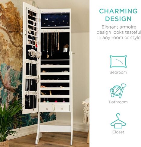 Best Choice Products 6-Tier Full Length Standing Mirrored Lockable Jewelry Storage Organizer Cabinet Armoire w/ 6 LED Interior Lights, 3 Angle Adjustments, Velvet Lining, Espresso in Saudi Arabia