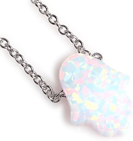 Kaletine Hamsa Hand Pendant Necklace Sterling Silver Created Fire Opal Adjustable Cable Box Chain in 16"-18" in Saudi Arabia