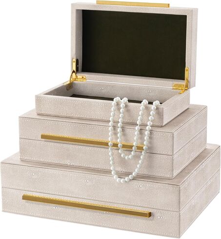 مجموعة من 3 صناديق مجوهرات من Oyydecor، صناديق زخرفية لديكور المنزل، صندوق تخزين مجوهرات من جلد شاغرين صناعي عاجي، صندوق تخزين مزخرف مع أغطية، منظم مجوهرات للرجال والنساء in Kuwait
