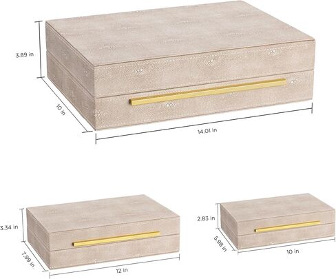 مجموعة من 3 صناديق مجوهرات من Oyydecor، صناديق زخرفية لديكور المنزل، صندوق تخزين مجوهرات من جلد شاغرين صناعي عاجي، صندوق تخزين مزخرف مع أغطية، منظم مجوهرات للرجال والنساء in Kuwait