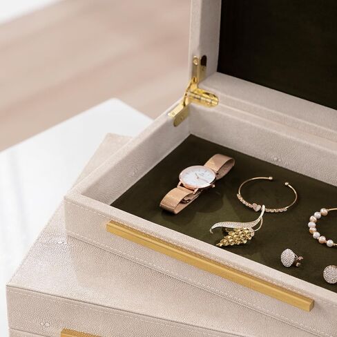 مجموعة من 3 صناديق مجوهرات من Oyydecor، صناديق زخرفية لديكور المنزل، صندوق تخزين مجوهرات من جلد شاغرين صناعي عاجي، صندوق تخزين مزخرف مع أغطية، منظم مجوهرات للرجال والنساء in Kuwait