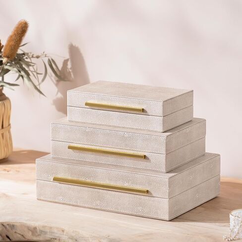 مجموعة من 3 صناديق مجوهرات من Oyydecor، صناديق زخرفية لديكور المنزل، صندوق تخزين مجوهرات من جلد شاغرين صناعي عاجي، صندوق تخزين مزخرف مع أغطية، منظم مجوهرات للرجال والنساء in Kuwait