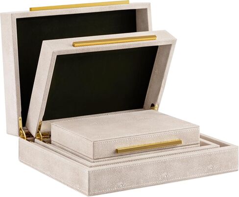 مجموعة من 3 صناديق مجوهرات من Oyydecor، صناديق زخرفية لديكور المنزل، صندوق تخزين مجوهرات من جلد شاغرين صناعي عاجي، صندوق تخزين مزخرف مع أغطية، منظم مجوهرات للرجال والنساء in Kuwait