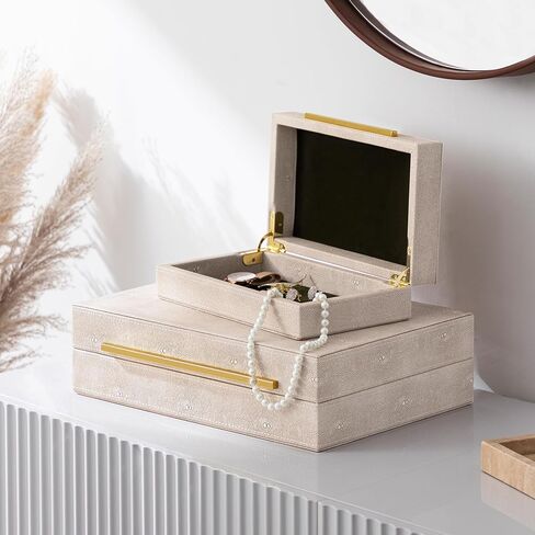 مجموعة من 3 صناديق مجوهرات من Oyydecor، صناديق زخرفية لديكور المنزل، صندوق تخزين مجوهرات من جلد شاغرين صناعي عاجي، صندوق تخزين مزخرف مع أغطية، منظم مجوهرات للرجال والنساء in Kuwait