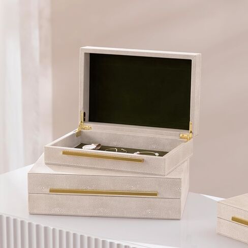 مجموعة من 3 صناديق مجوهرات من Oyydecor، صناديق زخرفية لديكور المنزل، صندوق تخزين مجوهرات من جلد شاغرين صناعي عاجي، صندوق تخزين مزخرف مع أغطية، منظم مجوهرات للرجال والنساء in Kuwait