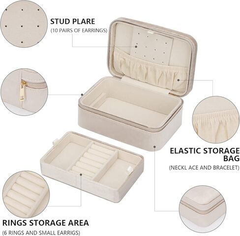 منظم صندوق مجوهرات للسفر من ATAIMEISEN، منظم مجوهرات صغير مخملي مخملي، منظم تخزين صغير للسفر، صناديق مجوهرات محمولة للنساء والفتيات، هدية/لون كريمي in Kuwait
