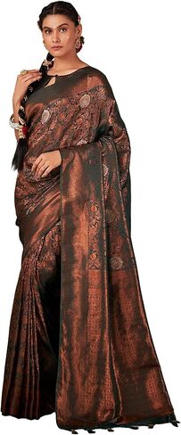 فاردا ساري للنساء نحاس زاري باناراسي آرت حرير منسوج ساري | ساري هدية زفاف ديوالي الهندي وبلوزة غير مخيطة in Kuwait