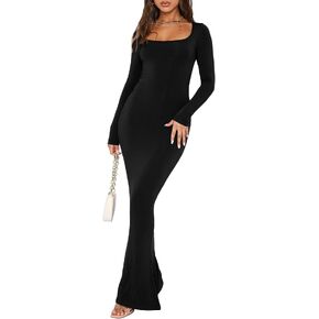 SamaFun Women's Bodycon Maxi Dress Square Neck Long Sleeve Bodycon Dress Elegant Fitted Long Dresses in Saudi Arabia