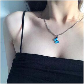 Andelaisi Boho Acrylic Blue Butterfly Necklace Enamel blue Butterfly Choker Necklace Vintage Silver Butterfly Pendant Necklace Minimalist Butterfly Chain Necklace Jewelry for Women and Girls