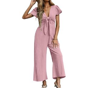 OPOIPIN Women's Casual Deep V Neck Tie Knot Short Sleeve Romper Wide Leg Pants Jumpsuit