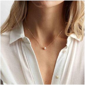 Yheakne Boho Pearl Pendant Necklace Silver Floating Pearl Choker Necklace Minimalist Chain Bridal Necklace Jewelry for Women and Girls (Silver)