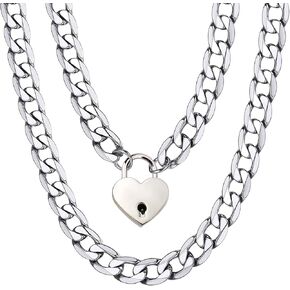 LEWECEEO Padlock Necklace Stainless Steel Lover Heart Lock Collar Choker for Men Women Silver 16-20 inch