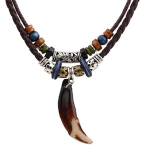 ONLYJUMP Bohemian Double Layers Leather Necklace for Men Women Vintage Boho Tribal Ethnic Wood Beads Braided Adjustable Hipppie Cross Hemp Cords Pendant Charm Choker Jewelry