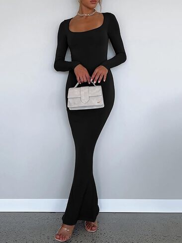 SamaFun Women's Bodycon Maxi Dress Square Neck Long Sleeve Bodycon Dress Elegant Fitted Long Dresses in Saudi Arabia