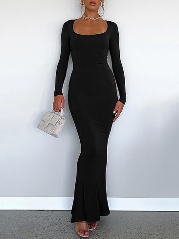 SamaFun Women's Bodycon Maxi Dress Square Neck Long Sleeve Bodycon Dress Elegant Fitted Long Dresses in Saudi Arabia