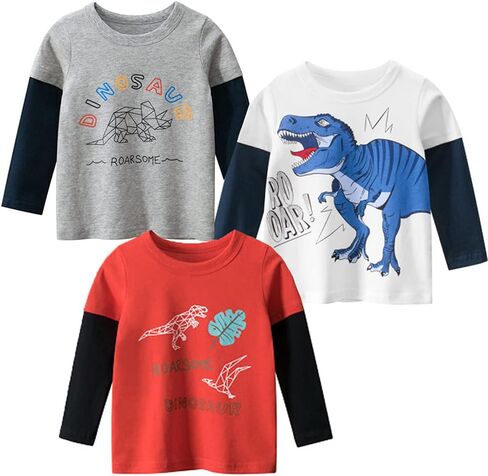 SUPFANS Toddler Boys Long Sleeve Shirts 100% Cotton T-Rex Dinosaur T-Shirts Multipacks in Kuwait