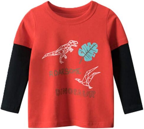 SUPFANS Toddler Boys Long Sleeve Shirts 100% Cotton T-Rex Dinosaur T-Shirts Multipacks in Kuwait