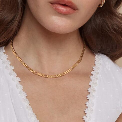 WEARON Gold Choker Necklace for Women 18K Gold Plated Dainty Bead Gene Figaro Heart Herringbone Paperclip Chain Choker Necklace Delicate Choker Jewelry Gifts for Women in Kuwait