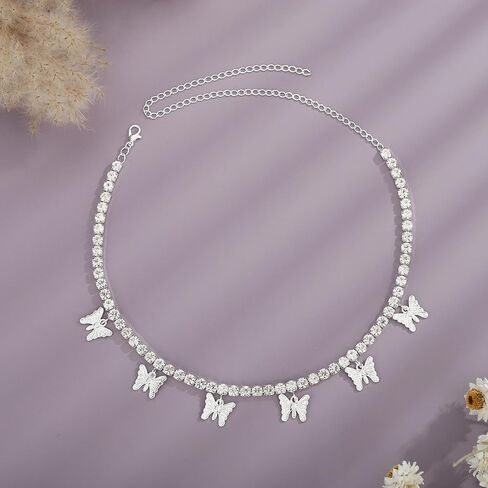 YERTTER Dainty Full Rhinestone Tennis Chain Butterfly Collar Luxury Crystal Rhinestone Statement Clavicle Choker Necklace for Wedding Party Music Bar Women Girls in Kuwait