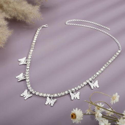 YERTTER Dainty Full Rhinestone Tennis Chain Butterfly Collar Luxury Crystal Rhinestone Statement Clavicle Choker Necklace for Wedding Party Music Bar Women Girls in Kuwait