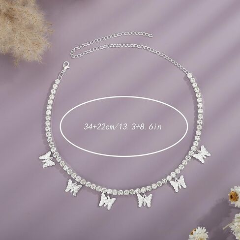 YERTTER Dainty Full Rhinestone Tennis Chain Butterfly Collar Luxury Crystal Rhinestone Statement Clavicle Choker Necklace for Wedding Party Music Bar Women Girls in Kuwait