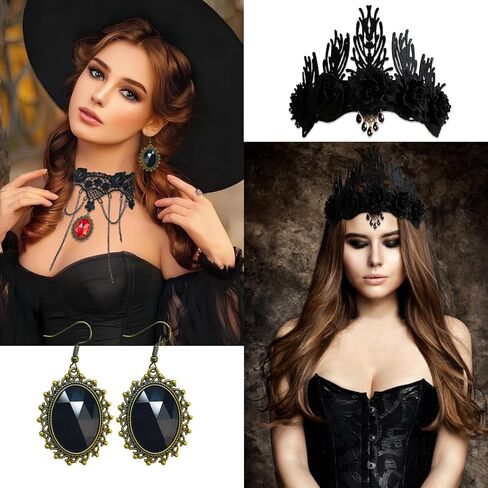 HIIXHC أزياء الهالوين والمجوهرات، أقراط قلادة من الدانتيل القوطي ومجموعة عصابة شعر تاج الهالوين مجموعات مجوهرات للنساء المراهقات، حفلات الزفاف الهالوين، مجوهرات مصاصي الدماء للنساء in Kuwait