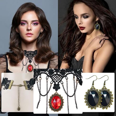 HIIXHC أزياء الهالوين والمجوهرات، أقراط قلادة من الدانتيل القوطي ومجموعة عصابة شعر تاج الهالوين مجموعات مجوهرات للنساء المراهقات، حفلات الزفاف الهالوين، مجوهرات مصاصي الدماء للنساء in Kuwait