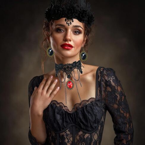 HIIXHC أزياء الهالوين والمجوهرات، أقراط قلادة من الدانتيل القوطي ومجموعة عصابة شعر تاج الهالوين مجموعات مجوهرات للنساء المراهقات، حفلات الزفاف الهالوين، مجوهرات مصاصي الدماء للنساء in Kuwait