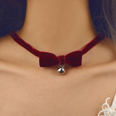 Hloy KT Vintage Lolita Cosplay Gothic Black Red Velvet Bow Bell Pearl Choker Necklace for Women Girls in Saudi Arabia