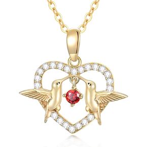 MUUYON 14K Gold Heart Necklace for Women, Real Yellow Gold Hummingbird Heart Pendant Necklace with Dancing Ruby, for Girls Ladies Mom Sisters, 16"+1"+1"