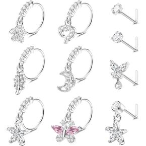 ORAZIO 10Pcs 20G Nose Ring Dangle Nose Hoops Rings L Shaped Studs for Women Men Flower Butterfly Heart Moon Star Cubic Zirconia Nose Ring Silver/Gold/Black/Rose Gold Tone Nose Piercing Jewelry in Saudi Arabia